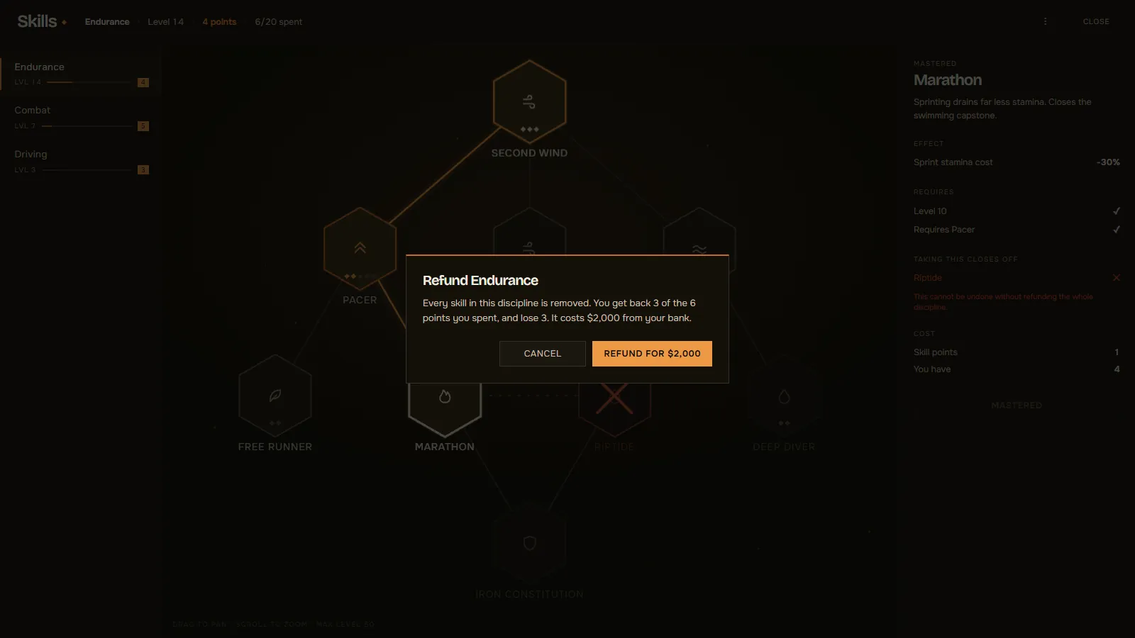 The refund dialog reading: every skill in this discipline is removed, you get back 3 of the 6 points you spent and lose 3, and it costs $2,000 from your bank. Behind it the Riptide node is struck through in rust, closed off by the point already spent on Marathon.